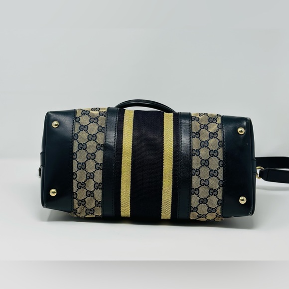 Gucci Vintage Blue & Gold Canvas & Leather Satchel . NO CROSSBODY STRAP. - Picture 5 of 13